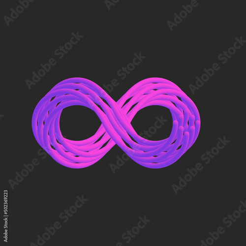 Infinity symbol logo, abstract fiber optic logotype, cyberpunk endless form pink and purple gradient, weave multilayer thread infinite 3d geometric shape.