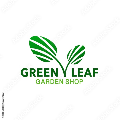 Garden shop icon with isolated vector green leaves. Flower, plant or tree branch emblem design for garden center, farmer shop or plant nursery, container gardening and houseplant market