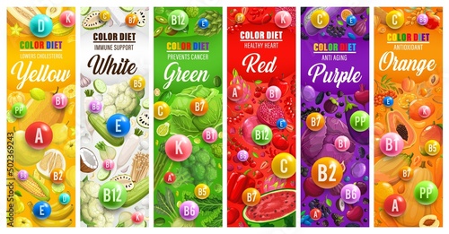 Color rainbow diet vector banners. Vitamins, fruits and vegetables of organic nutrition plan, color diet food benefits. Orange, grapefruit, green herbs and mango, tomato, beans, kale and banana