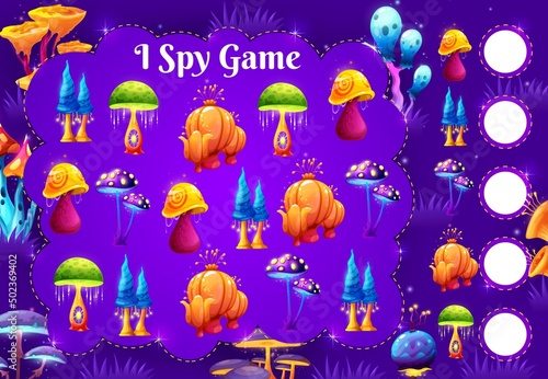 Fototapeta Naklejka Na Ścianę i Meble -  I spy game worksheet with vector magic jelly mushrooms. Kids I spy logical riddle or cartoon quiz with fantasy, fairytale mushrooms. Children educational worksheet with searching and counting task