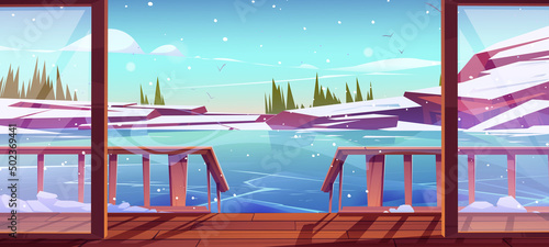 Chalet or lodge wooden porch and view to frozen lake. Vector cartoon illustration of winter mountain landscape with ice on river, trees, white snow and house terrace with staircase and balustrade
