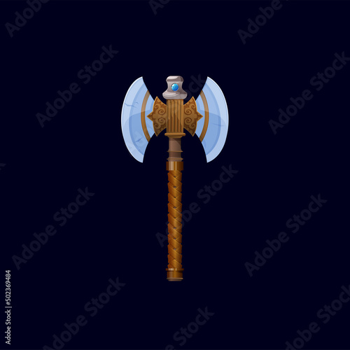Viking nordic battle axe and skyrim magical battleaxe or hatchet weapon. Ancient medieval weapon or vector fairytale battle axe GUI item or game asset. Warrior magic ax with leather braided handle