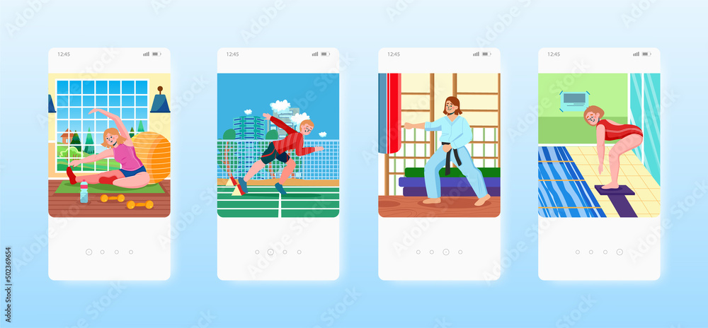 Fitness athletics boxing, platform diving. Sport mobile app screens, vector website banner template. UI, web site design