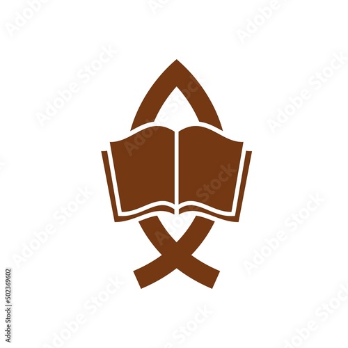 Christianity religion symbol of Bible and fish. Vector icon of Christian church, Jesus Christ faith, worship and ministry, Bible holy book, ichthys or ichthus isolated brown emblem design