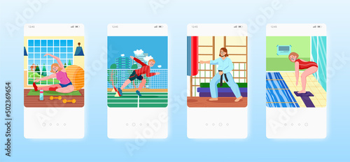 Fitness athletics boxing, platform diving. Sport mobile app screens, vector website banner template. UI, web site design