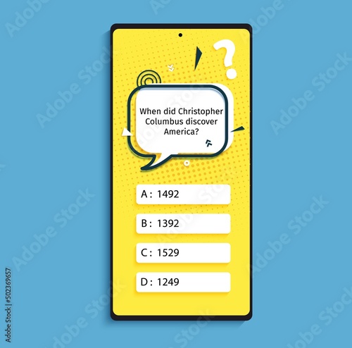 Quiz online game interface in paper cut style. Yellow and black color trivia mobile app papercut art template. UI smartphone application design. Craft vector flat screens questionnaire game
