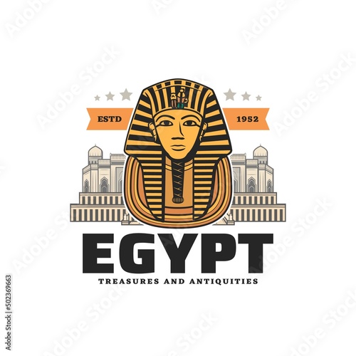 Egypt travel vector icon, Tutankhamun mask and Cairo. Ancient Egypt pharaoh history culture and mythology symbol for Egypt landmarks sightseeing and tourism