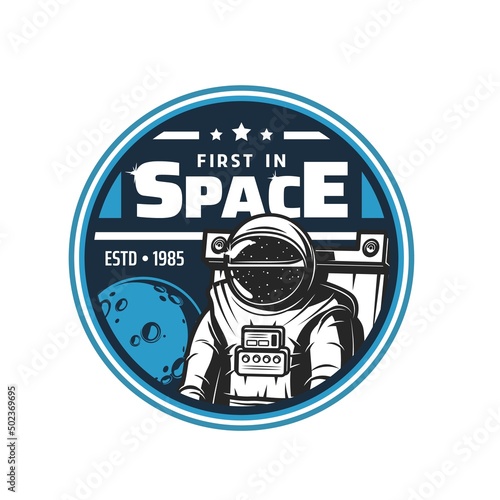 Astronaut in space vector icon. Planets and stars of galaxy universe, Moon and spaceman with spacesuit and helmet. Astronomy science, cosmos travel and space adventure isolated round icon