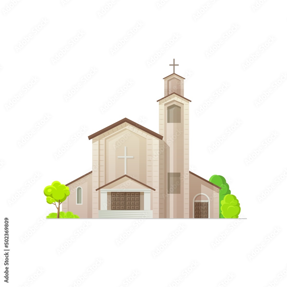 Catholic church or temple building icon, Christian religion cathedral, vector architecture. Catholic, evangelic or protestant church chapel, religious shrine of God and Jesus with cross on campanile - obrazy, fototapety, plakaty 