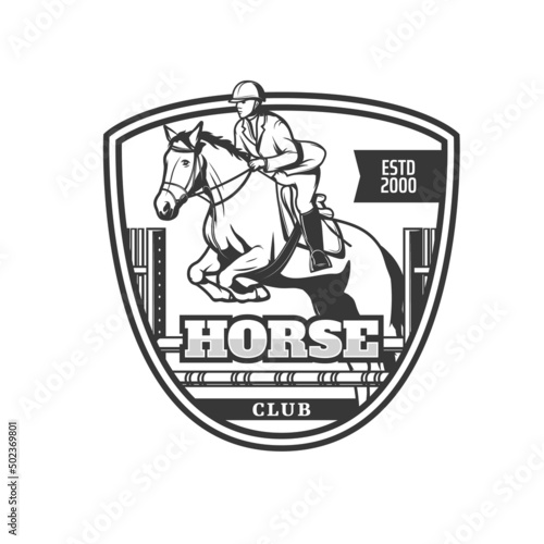 Equestrian sport club icon, horse racing tournament or jockey polo vector emblem. Equine steeplechase races championship on hippodrome, jockey riding on mustang stallion photo