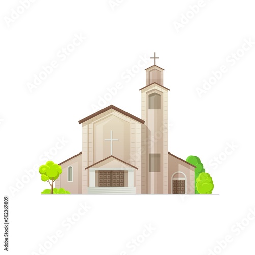Catholic church or temple building icon, Christian religion cathedral, vector architecture. Catholic, evangelic or protestant church chapel, religious shrine of God and Jesus with cross on campanile photo