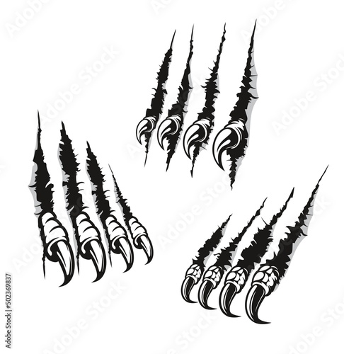 Claw marks scratches bird of prey and dragon long nails. Vector monster fingers tear through paper or wall surface. Beast paw sherds attack, isolated wild animal rips, four talons traces break slashes