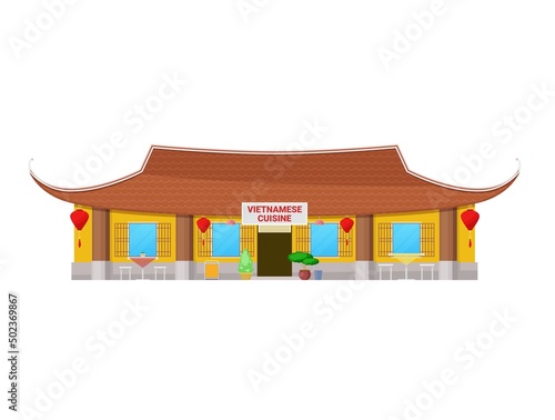 Vietnamese cuisine restaurant building icon. Asian food street cafe vector facade, isolated Vietnamese restaurant or oriental architecture building with curved roof, paper lanterns