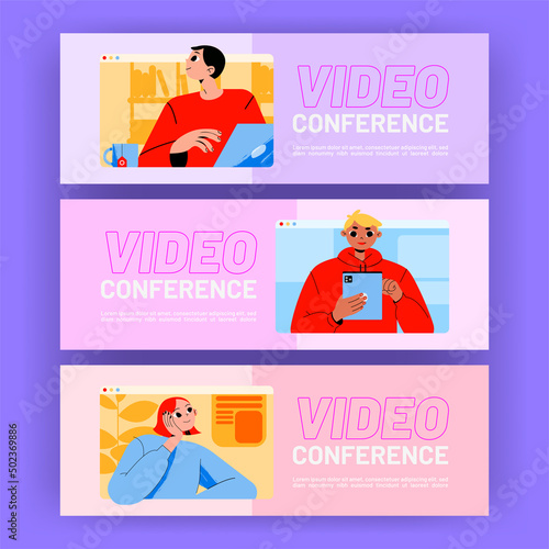Video conference banners, online meeting of friends or business characters. Office workers webcam group call via internet. Employees remote briefing on computer screens, Linear flat vector ads flyers