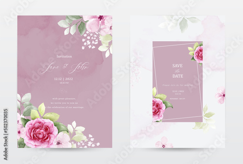 Fototapeta Rose watercolor invitation pink template cards set