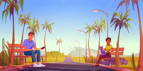 People relax sitting at roadside benches at landscape with empty road and palm trees perspective view. Man listening music via smartphone and woman with cat on knees, Cartoon Vector illustration