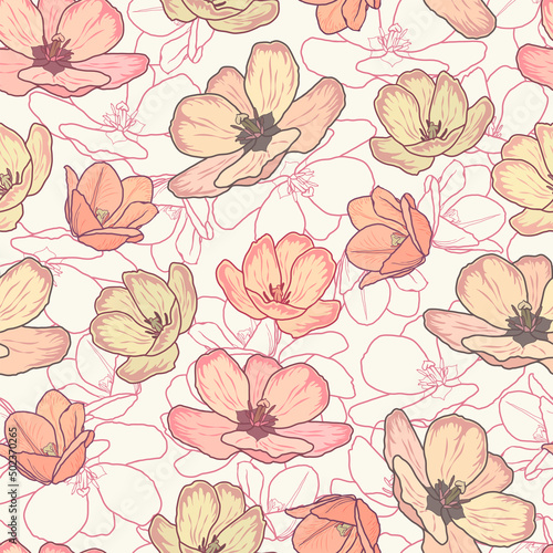 Vector illustration of a floral pattern. Flowers in pastel colors on a white background.
