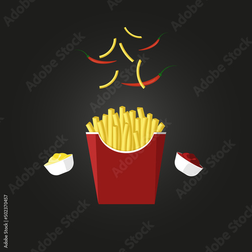 French fries with sauces vector illustration on black background	