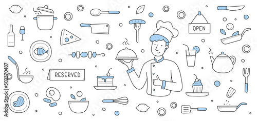 Doodle background with chef holding dish under cloche lid and restaurant icons around. Cooking pan, pizza, cake or cupcake, teapot, kitchen crockery, drinks and food meals, Linear vector illustration