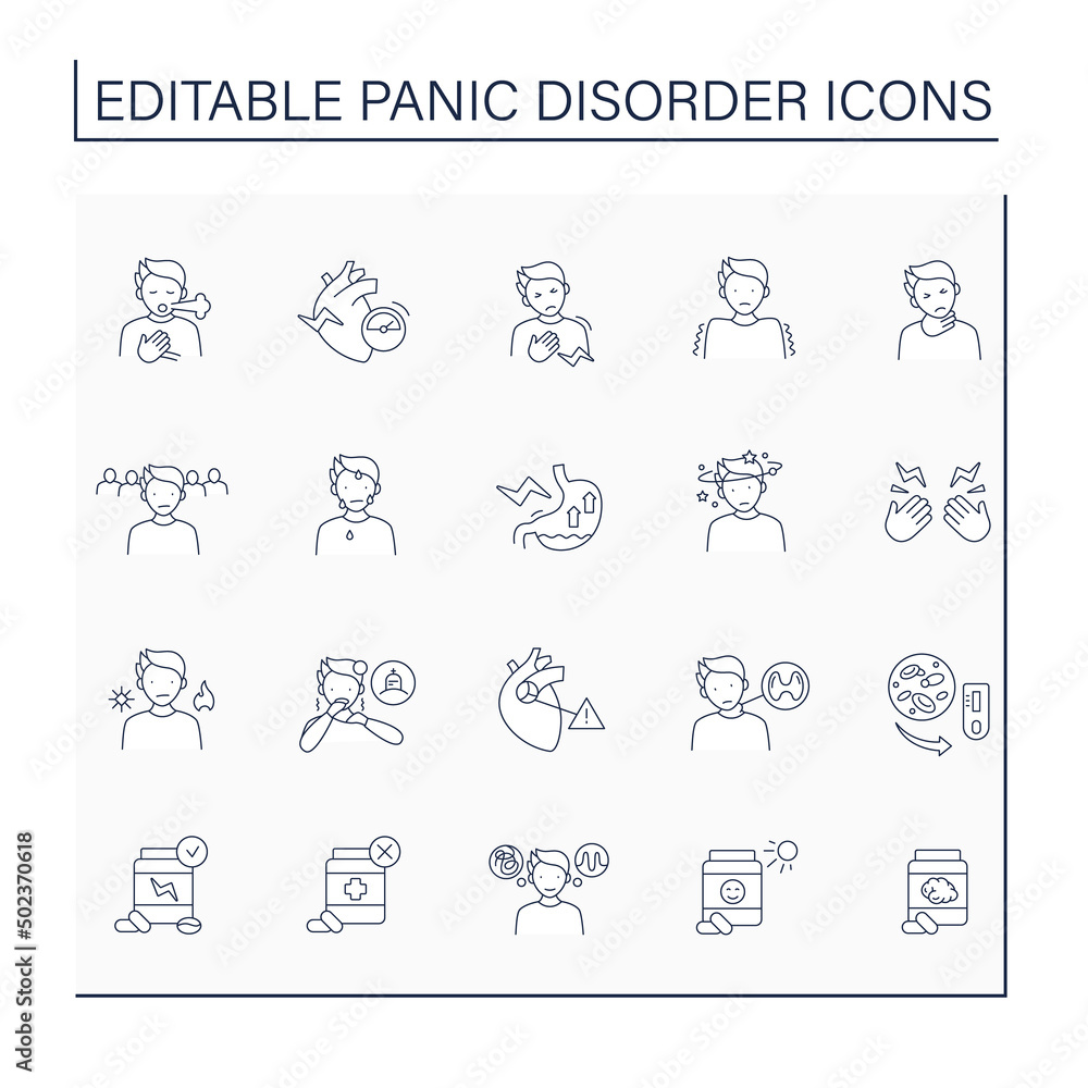Panic disorder line icons set. Recurrent unexpected panic attacks. Mental health care. Anxiety disorder concept. Isolated vector illustration. Editable stroke