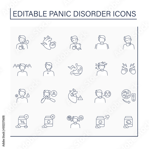 Panic disorder line icons set. Recurrent unexpected panic attacks. Mental health care. Anxiety disorder concept. Isolated vector illustration. Editable stroke