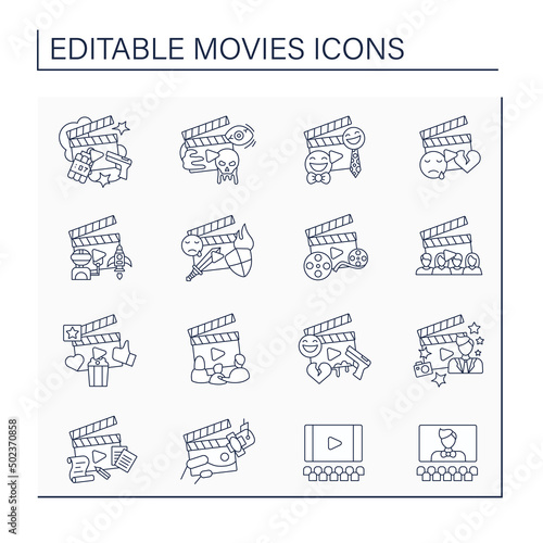Movies line icons set. Main film genres and equipment. Entertainment concept. Isolated vector illustrations. Editable stroke