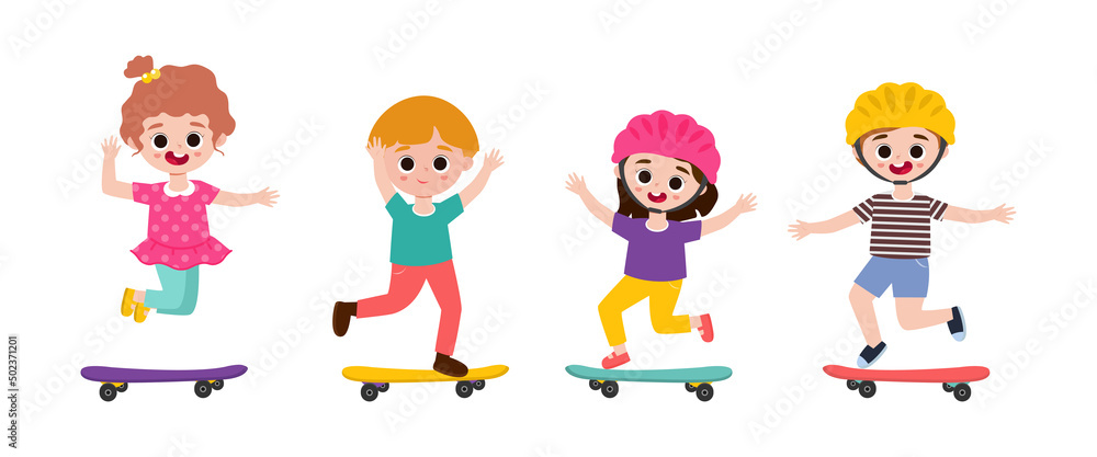 Cartoon Vector Illustration Set Of Cute Kids Playing Skateboard isolated on white background Cartoon Vector Illustration Set Of Cute Kids Playing Skateboard isolated on white background