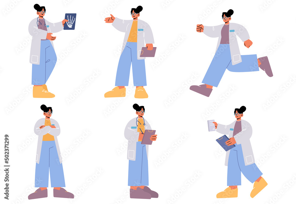 Doctor, hospital healthcare staff at work isolated set. Female medic character in white robe with stethoscope on neck hold xray, writing notes, run, stand crossed arms, Linear flat vector illustration Doctor, hospital healthcare staff at work isolated set. Female medic character in white robe with stethoscope on neck hold xray, writing notes, run, stand crossed arms, Linear flat vector illustration