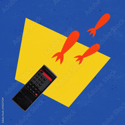 Contemporary art collage. TV remote controller turning of bomb symbolizing appearance of fake information isolated over blue yellow background photo