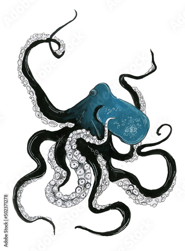 Beautiful octopus isolated on white background. Watecolor painting.