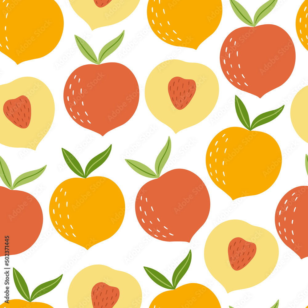 Bright delicious peaches. Seamless summer pattern. A hand-drawn fruit. Vector cute illustration Bright delicious peaches. Seamless summer pattern. A hand-drawn fruit. Vector cute illustration