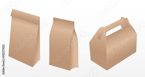 stock vector paper food box packaging mockup brown color. food package and lunch box, fast food pouch takeaway mockup. 