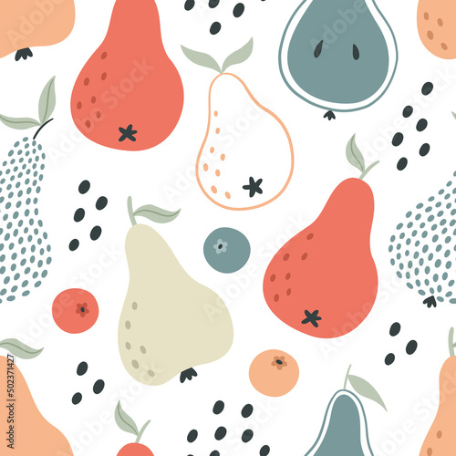 Seamless pear pattern. Fruity cute print. Hand-drawn bright fruits. Vector illustration