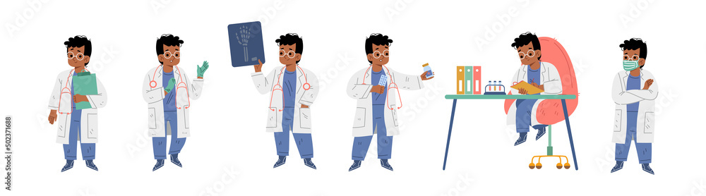 Fototapeta premium Kid in doctor costume with white coat, stethoscope, glasses and face mask. Vector flat illustration of boy playing professional medic worker with x-ray image, laboratory tools, clipboard and pills