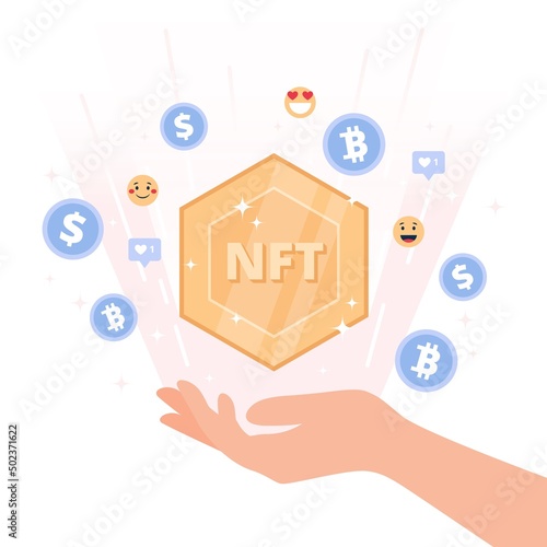 NFT token concept - hand holding non fungible token. Different currency icons amd emoji icons. Vector illusration in flat cartoon style