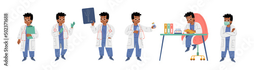 Kid in doctor costume with white coat, stethoscope, glasses and face mask. Vector flat illustration of boy playing professional medic worker with x-ray image, laboratory tools, clipboard and pills