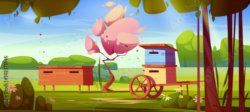 Apiary, honey bee farm with wooden hives on summer meadow. Vector cartoon illustration of spring landscape of village garden or forest with flowers, green trees, grass and beehives with swarm