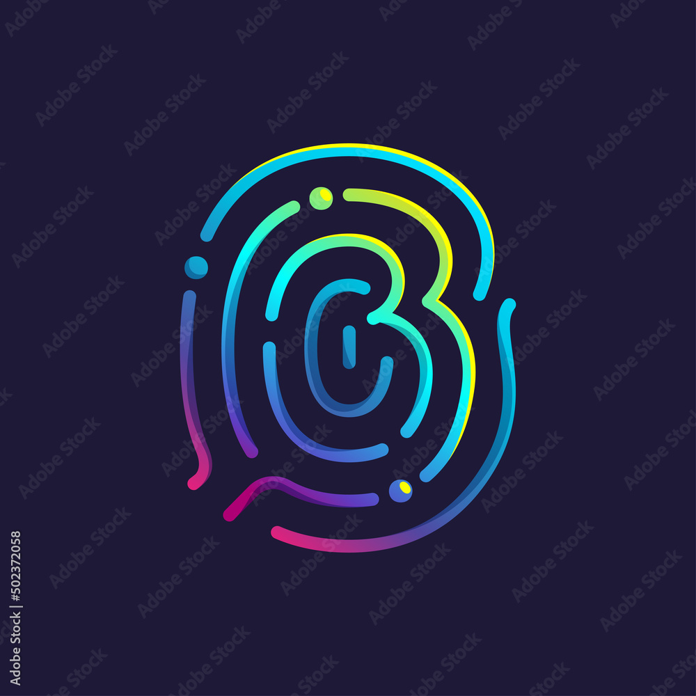 B letter logo made of fingerprint. Multicolor line icon with vivid gradients and shine. B letter logo made of fingerprint. Multicolor line icon with vivid gradients and shine.