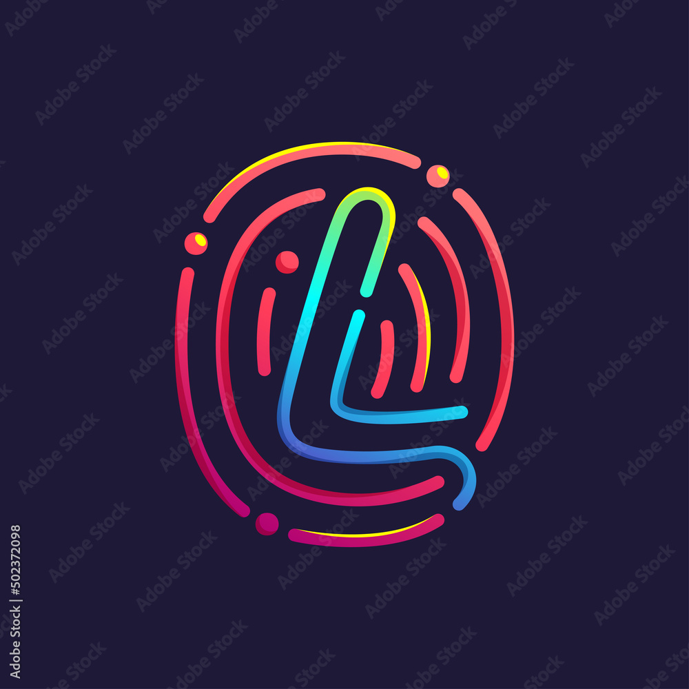 L letter logo made of fingerprint. Multicolor line icon with vivid gradients and shine. L letter logo made of fingerprint. Multicolor line icon with vivid gradients and shine.