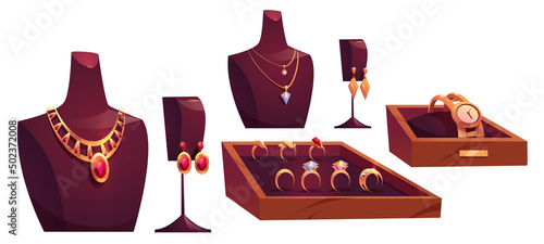 Cartoon jewelry, set of gold pendants, watch and earrings with precious gemstones. Yellow metal coulombs or charms with colorful gems, luxury golden jewellery collection for women Vector illustration