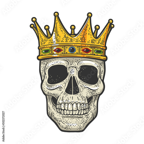 skull in crown tattoo color sketch engraving vector illustration. T-shirt apparel print design. Scratch board imitation. Black and white hand drawn image.