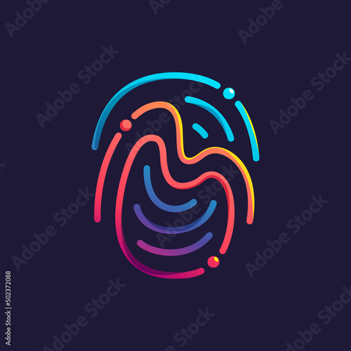 M letter logo made of fingerprint. Multicolor line icon with vivid gradients and shine.