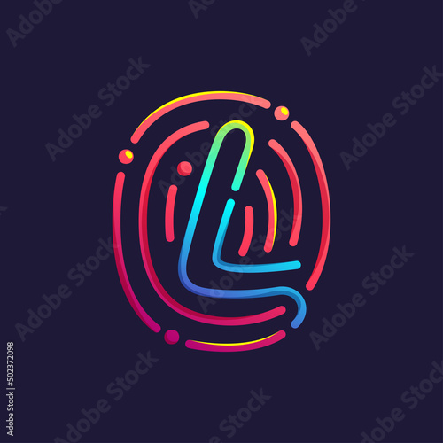L letter logo made of fingerprint. Multicolor line icon with vivid gradients and shine.