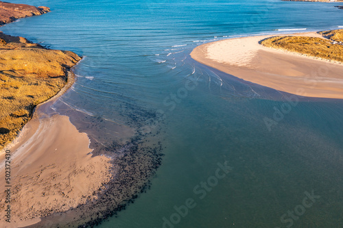 Aerial of the Beautiful Blue Flag Beach, Killahoey Strand near Dunfanaghy, Donegal, Ireland