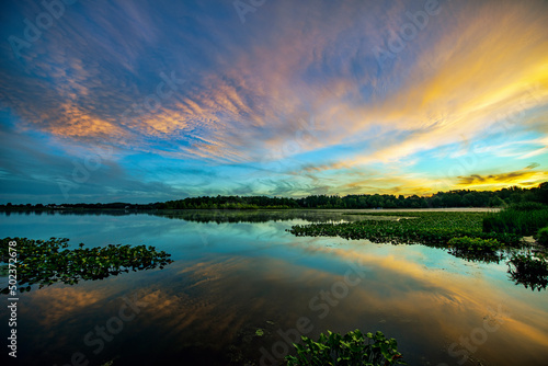 Sunrise at the lake on a calm morning