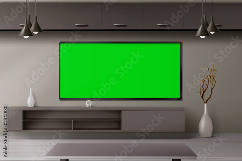 Living room interior 3d vector project with tv set, stand with shelves, table, ceiling lamps and decor. Home, hotel suite, studio, house, apartment accommodation Realistic design, visualization render