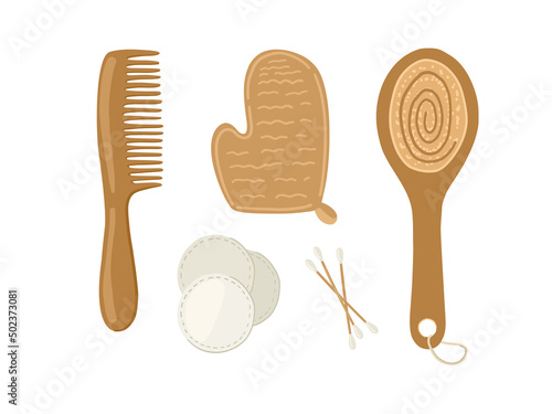 Eco tools and wooden beauty equipment. Vector illustration with wooden hair comb, cotton buds, cosmetic sponges, exfoliation brush and luffa. 