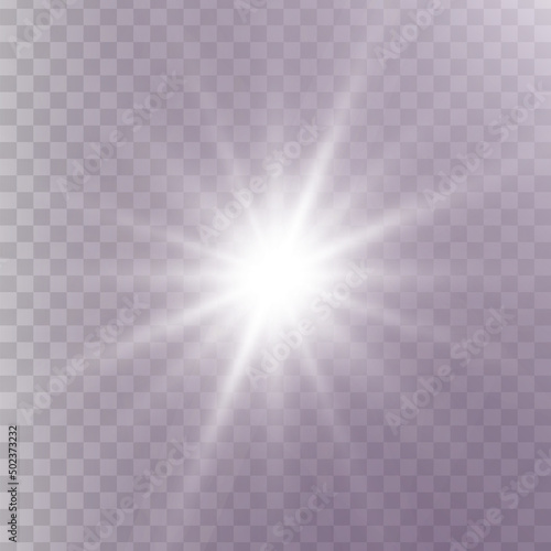 White glowing light star on a black background. Transparent shining sun, star explodes and bright flash. White bright illustration starburst. 