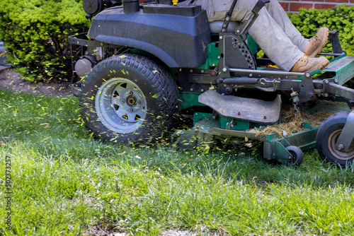 Lawn mower cutting in the grass on sunny spring day with evergreen landscaped garden