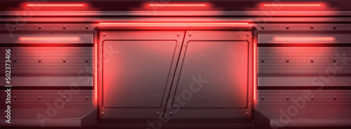 Metal door in bunker or secret laboratory with red glowing illumination. Sliding gates with scratched surface in spaceship or alien shuttle, ski-fi entrance, Realistic 3d vector background for game